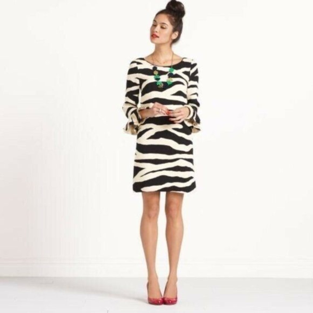 Kate Spade 100% Silk Zebra Print Shift Dress Ruffle Cuff Pockets Cream Black‎ 8